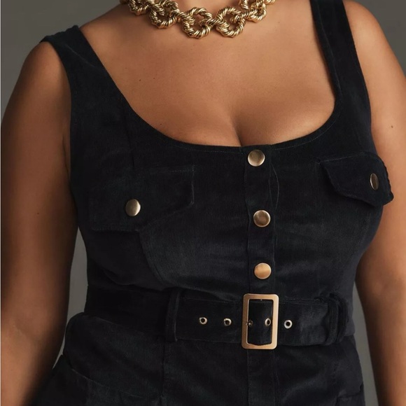 Anthropologie 18W Corduroy Slim Midi Navy & Gold Plus 2X Pinafore Dress As-Is - Picture 4 of 12